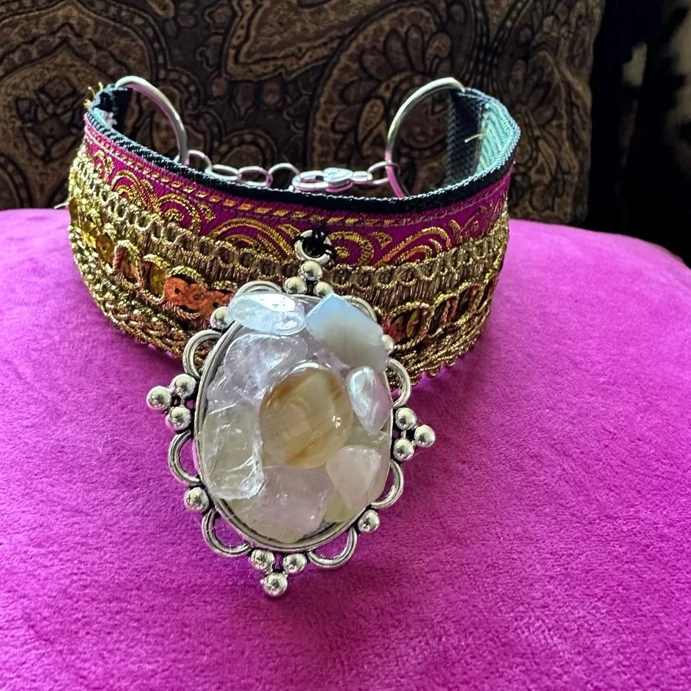 Artisan Boho Choker Necklace Gold Metallic + Handmade Quartz Pendant OOAK Signed